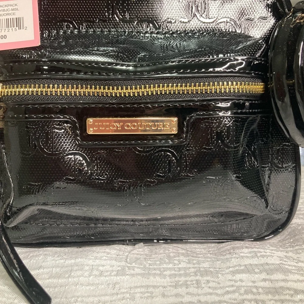 Juicy Couture™ Black Patent Mini Backpack with Logo Straps & Coin Pouch
